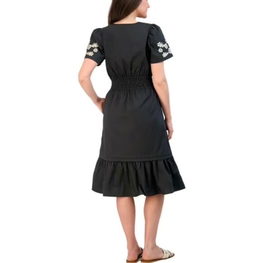 FRENCH CONNECTION Embroidered Midi Dress Size L Puff Sleeve Smocked Ruffle Black - Picture 4 of 15